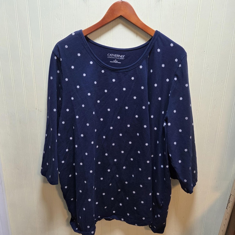Catherines Shirt Womens 3X Plus Blue Scoop Neck 3/4 Sleeve Snowflake Print Top